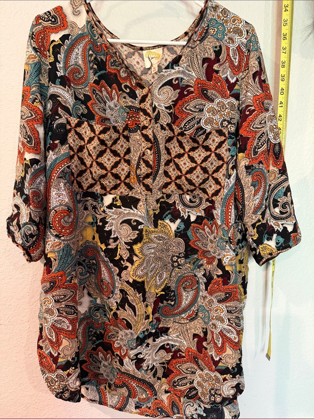 Anthropologie Figs and Flowers Black Multi Paisley Long-Sleeve Tunic
